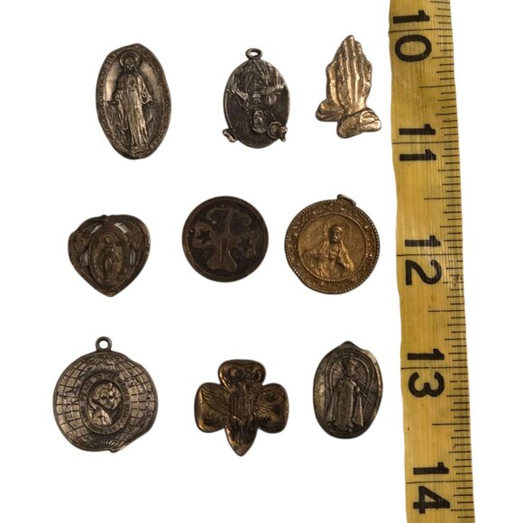 Vintage Religious Medals Pendants Lot Of 9 Jesus Mary Saints Prayer Tokens Etc - Picture 1 of 14
